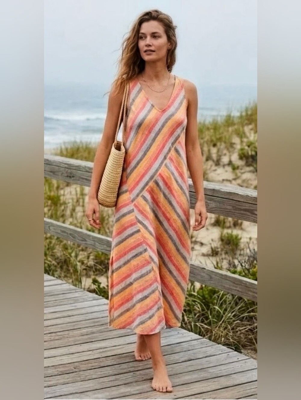 J. Jill Love Linen Striped V-Neck Dress in Yellow, Oranges And Gray Maxi